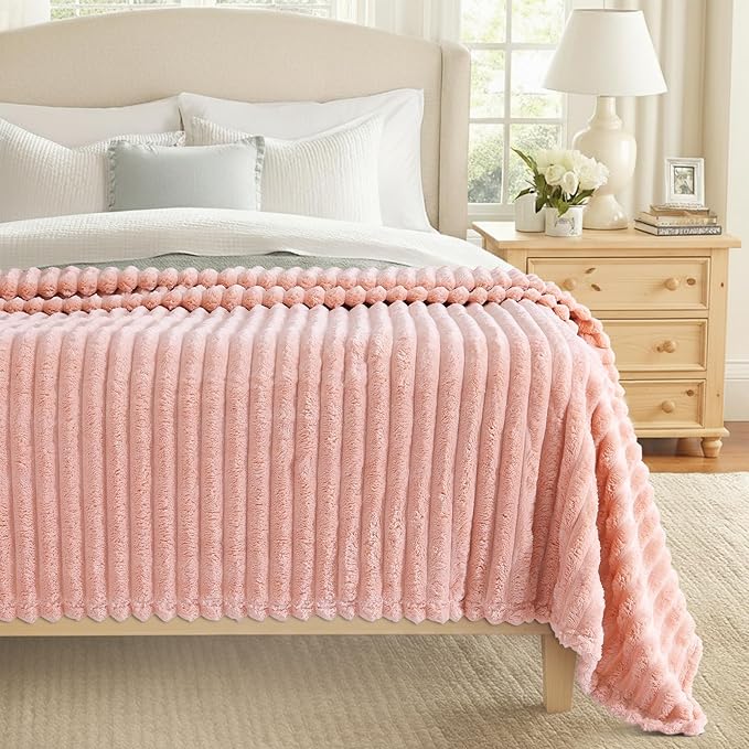 decorUhome Soft Fleece Pink Blanket Queen Size for Bed, Cozy Fluffy Plush Flannel Large Striped Throws for Couch Sofa, Lightweight Decorative Fuzzy Blanket for Woman, 90x90 Inches