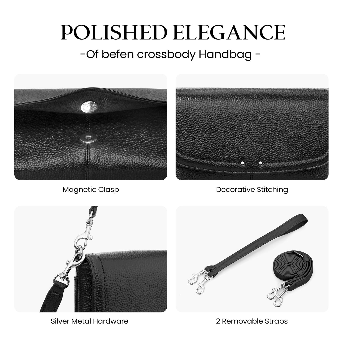 befen Genuine Leather Small Crossbody Bags for Women,Real Leather Purses with Built in RFID Wallet,Trendy Cell Phone Purse Shoulder Bag,Black Travel Purse Handbags with Card Slots and Adjustable Strap