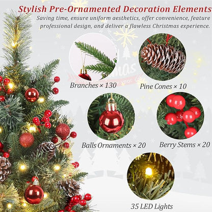 Set of 2 Outdoor Pathway Christmas Trees with Lights, 30in Prelit Battery Operated Artificial Xmas Tree Holiday Décor for Porch, Urn & Planter Filler, Red Berries, Pine Cones, Ball Ornaments