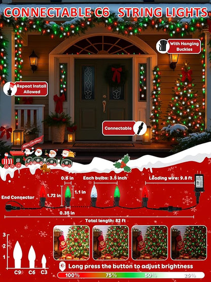 Upgraded 250 LED C6 Connectable Christmas String Light Red Green and White, 82FT Waterproof Christmas Twinkle Light Outdoor, Plug in Fairy Lights Indoor with 13 Modes & Timer for Christmas Decoration
