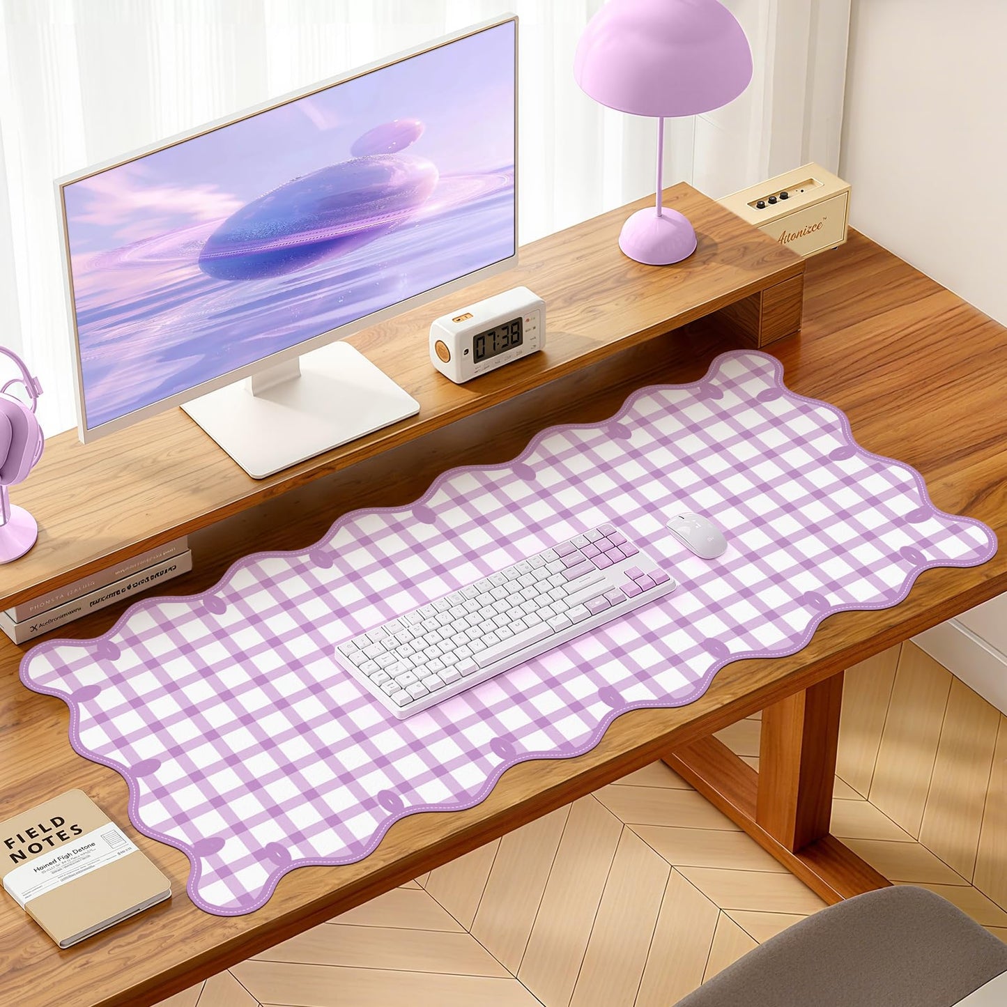 Leather Desk Pad, Desk Mat Mouse Pad, Non-Slip Mousepad Waterproof PU Table Cover Blotter for Computer Laptop Extra Large Keyboard Mat for Women Girl Office Home Dorm,Pink Scalloped Checkered