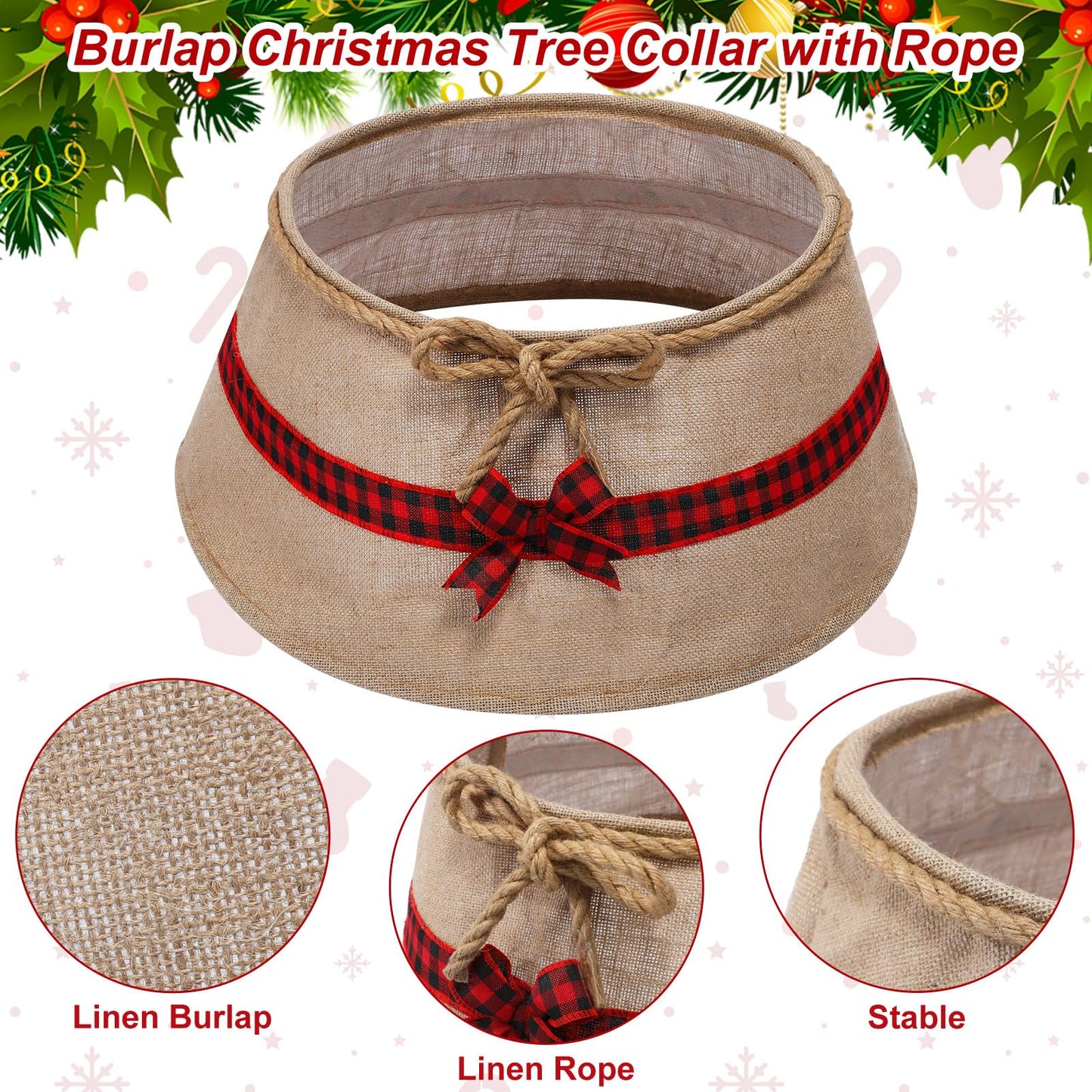 Outus Farmhouse Burlap Christmas Tree Collar Rustic Christmas Tree Ring Easy Set Up for Holiday Xmas Decor(Ribbons)