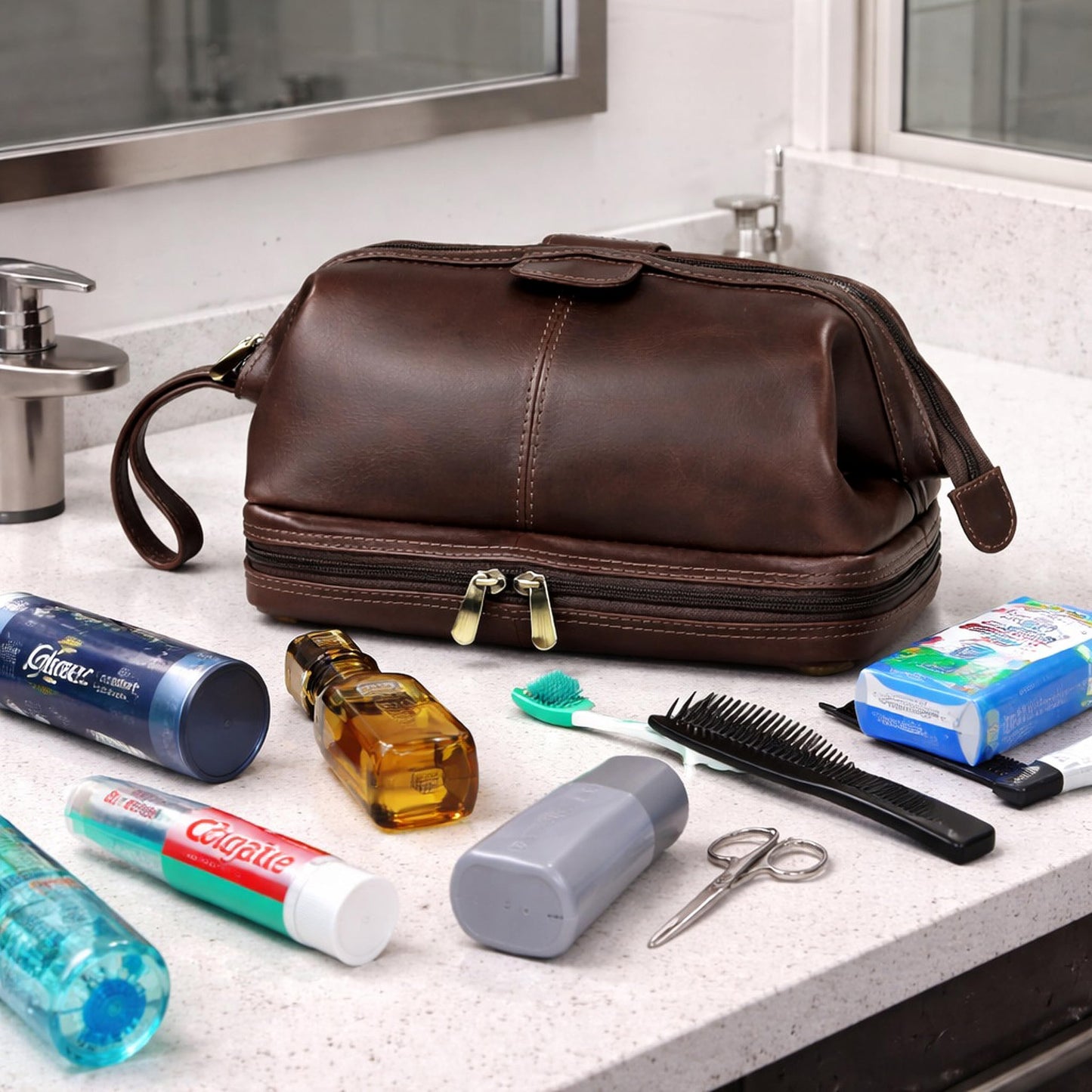 cuero Premium Genuine Leather Toiletry Bag for Men – Large Double Layer Travel Dopp Kit with Zipper Compartments,Lining & Handle – 9.5” Travel Shaving Organizer