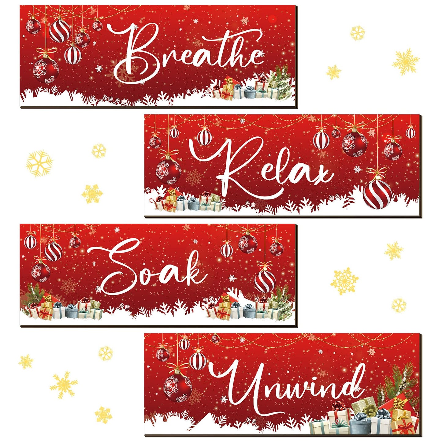 Huwena 4 Pcs Winter Bathroom Wall Decor Winter Wooden Decor Relax Soak Breathe Unwind Art Hanging Wall Pediments Rustic Xmas Wooden Sign for Xmas Home Living Room Laundry Spa(Ball)