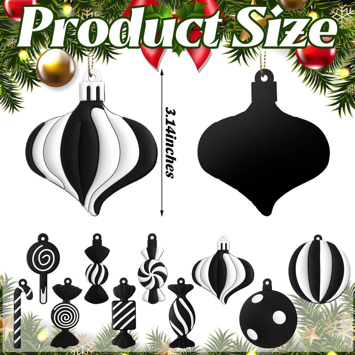 Panelee 20 Pcs Christmas Candy Tree Ornaments PVC Christmas Candy Cane Lollipop Ornament Xmas Hanging Decors Birthday Party Decoration Crafts for Holiday Xmas Tree Party (Black and White)