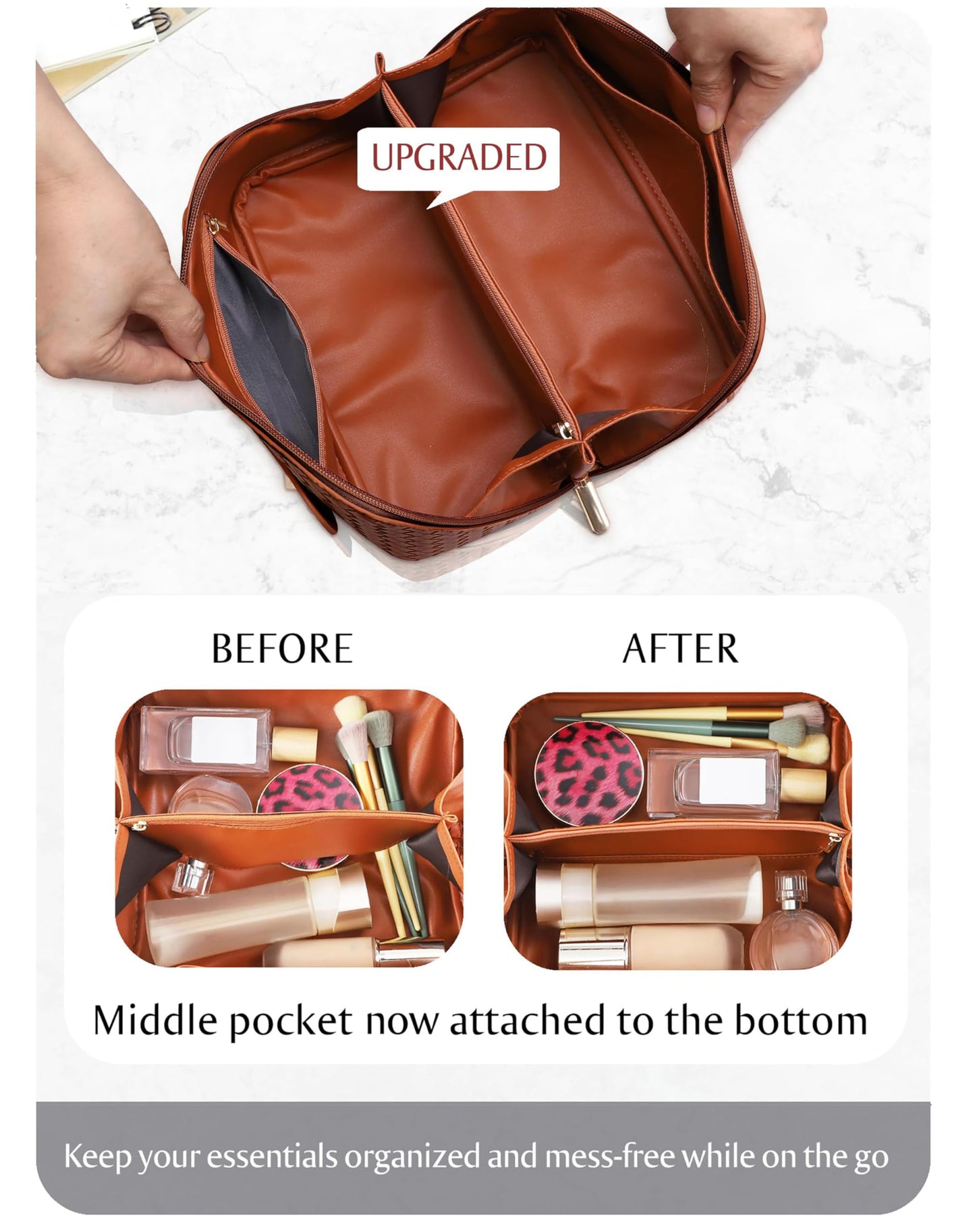 Large Capacity Travel Cosmetic Bag - PU Leather Makeup Organizer Bag Portable Woven Makeup Bags for Women Waterproof Travel Toiletry Bag with Divider Pouch, Brown