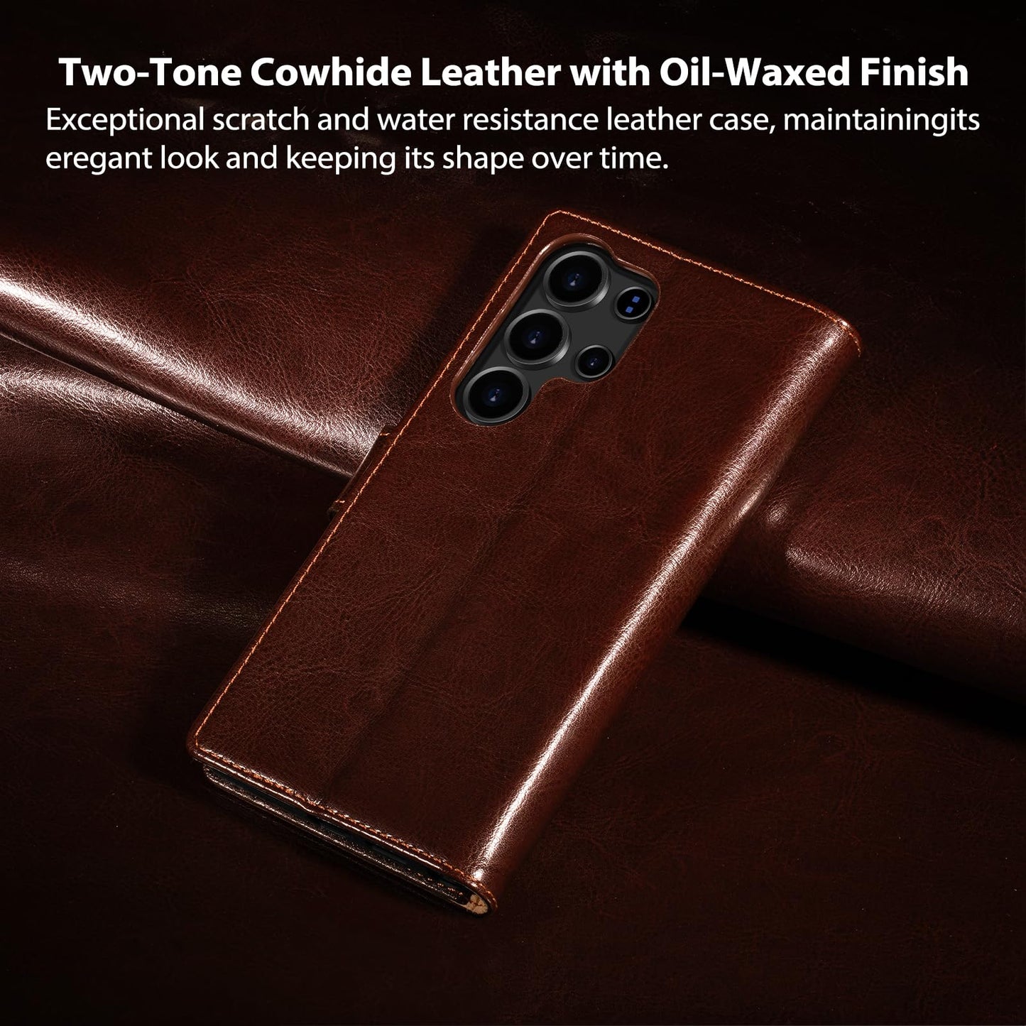 Belemay Wallet Case for Samsung Galaxy S25 Ultra, Two-Tone Genuine Leather [Durable & Protective] RFID Blocking Card Holders, Shockproof TPU Shell, Kickstand, Drop Protection Flip Cover 6.8", Brown