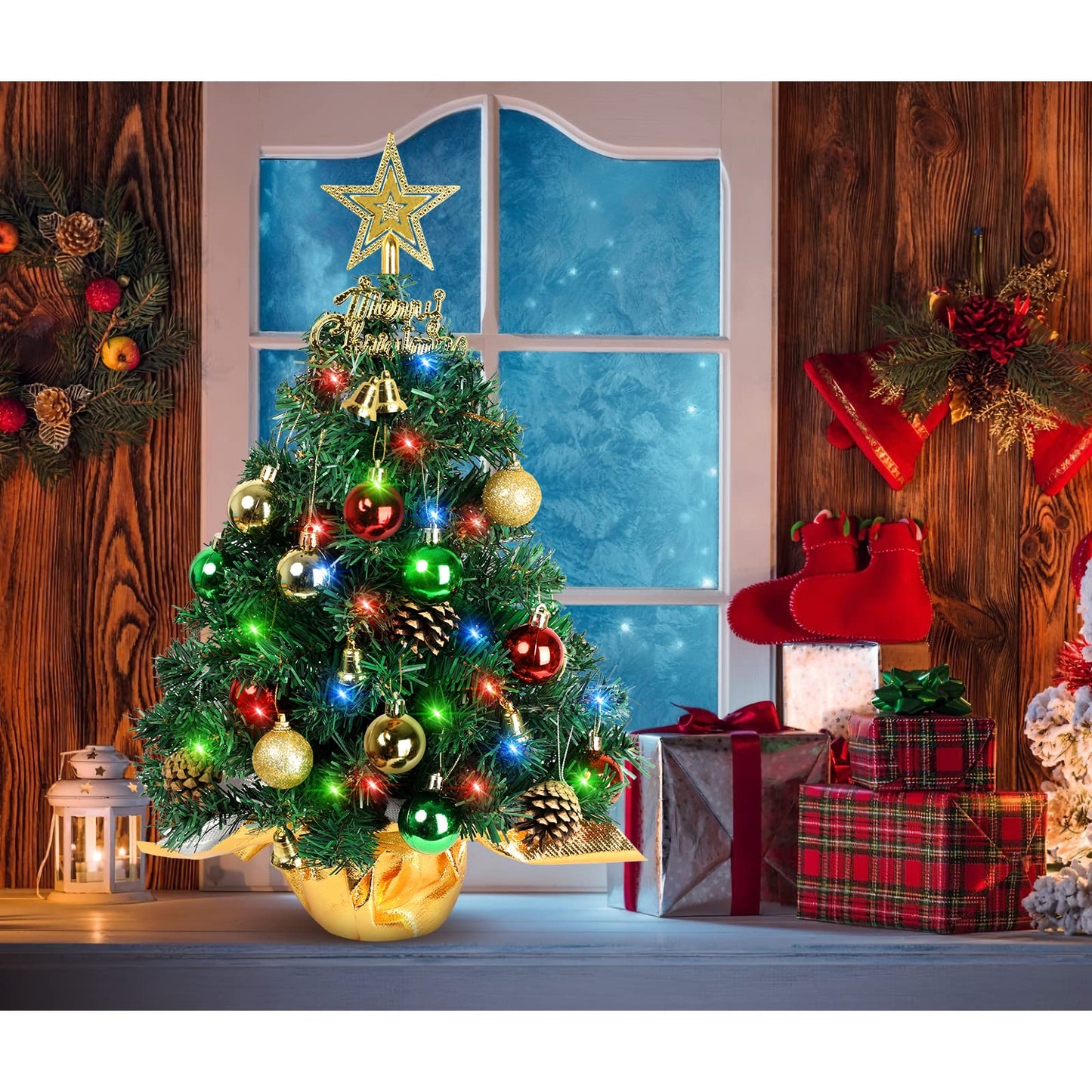 AGIRL Tabletop Christmas Tree 22 Inch Mini Artificial Christmas Tree with 30 LED String Lights, Star Tree, Tabletop Small Xmas Tree for Holiday Indoor DIY Christmas Decor