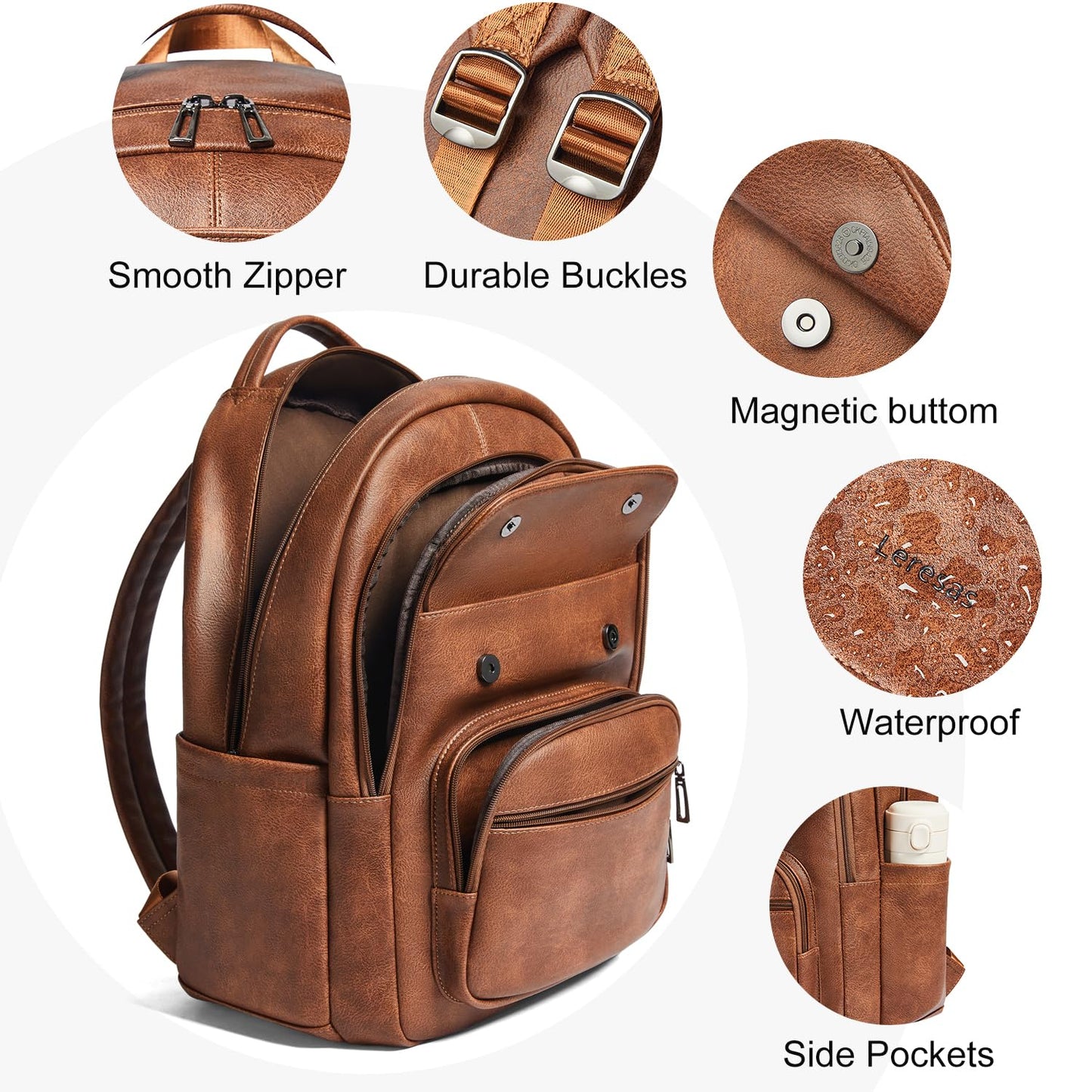 Leresas 37L Vegan Leather Backpack Purse for Women Mens Travel Backpack Work Laptop Teacher BackPack College Daypack Business Backpack Office Bag Brown