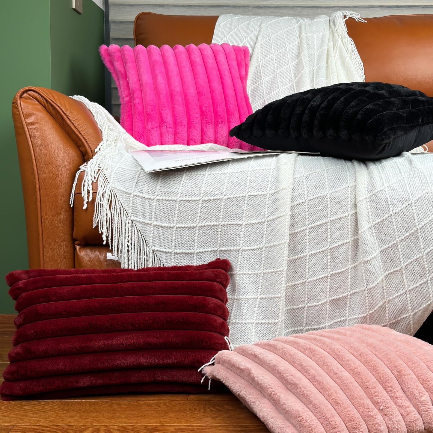 18x18 Throw Pillow Covers Set of 2, Decorative Faux Fur Covers for Bed, Couch Soft Fluffy Pillow Cover with Velvet Back for Living Room, Neutral Home Décor Accent for Sofa - Black