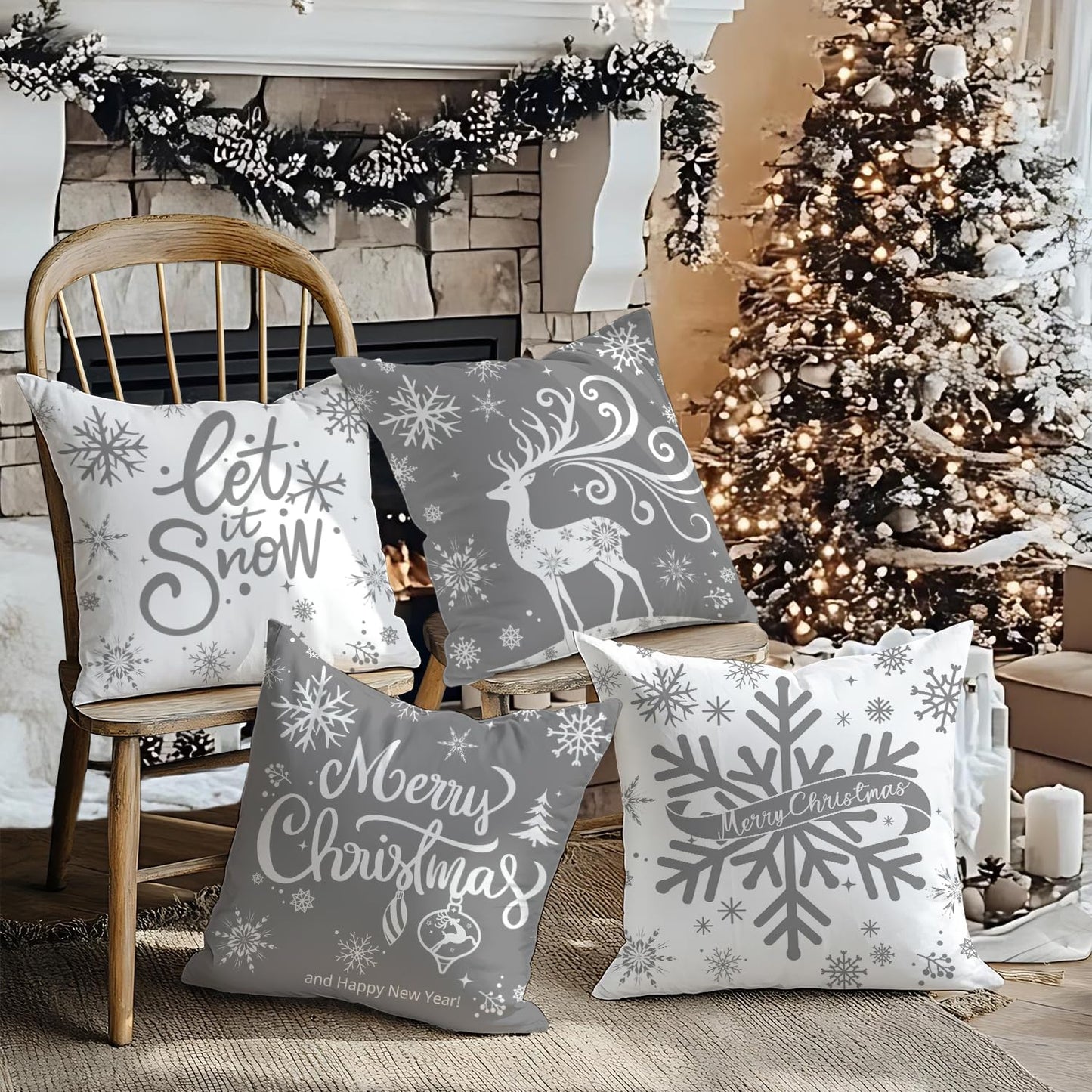 Artmag Merry Christmas Throw Pillow Covers 16x16 inch Snowflakes Let it Snow Moose Winter Holiday Grey Cushion Case for Coach Sofa Decorations Set of 4