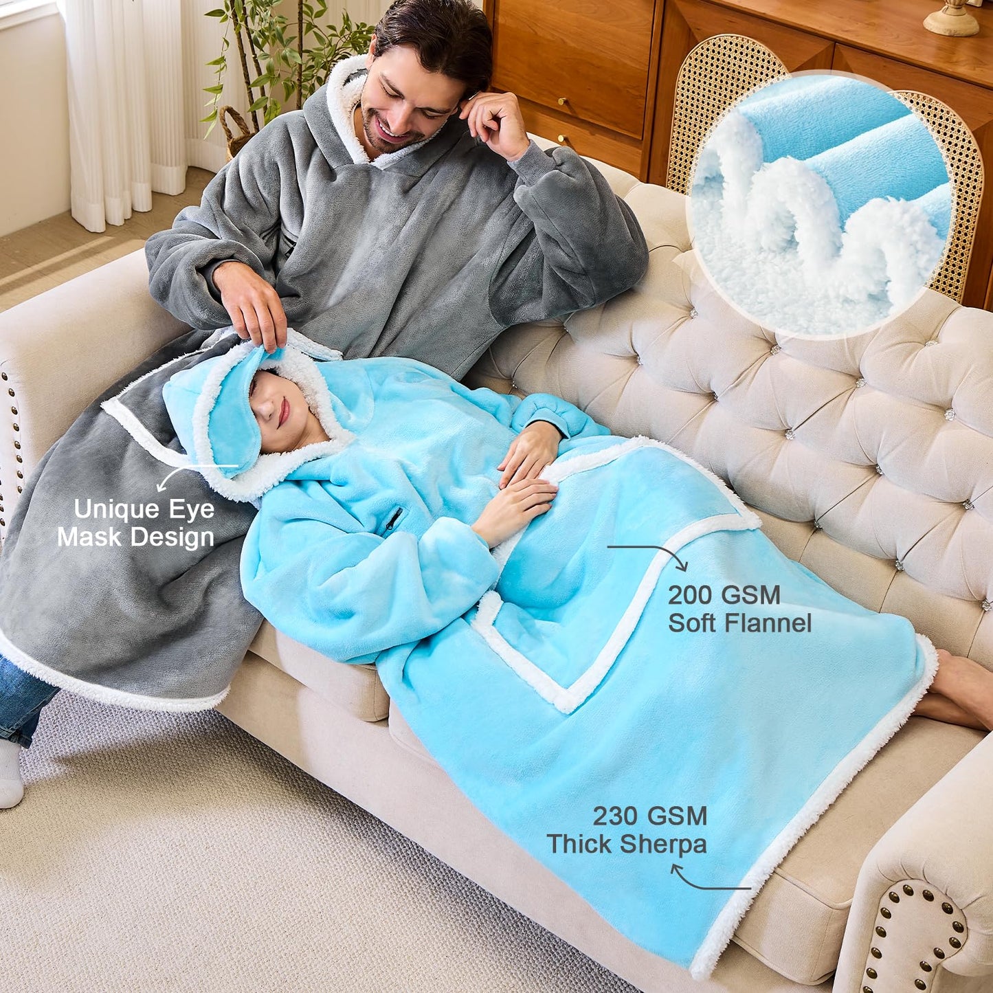IFNOW Wearable Blanket Hoodie,Oversized Sherpa Hooded Blanket Sweatshirt with Eye Mask and Pocket,Cozy Flannel Blanket with Sleeves for Adult, Christmas Birthday Gifts for Women Mom Girlfriend,Grey
