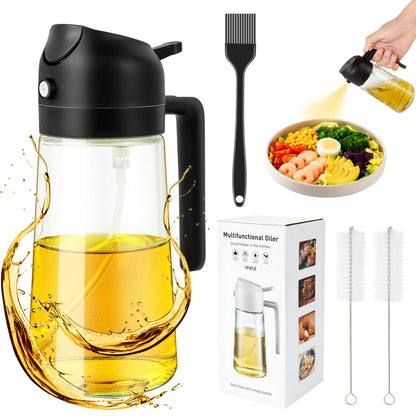 Ponpon Oil Sprayer for Cooking, 16oz Olive Oil Spray Bottle, Oil Dispenser for Kitchen for Barbecue, Salad, Cooking, Baking (Black)