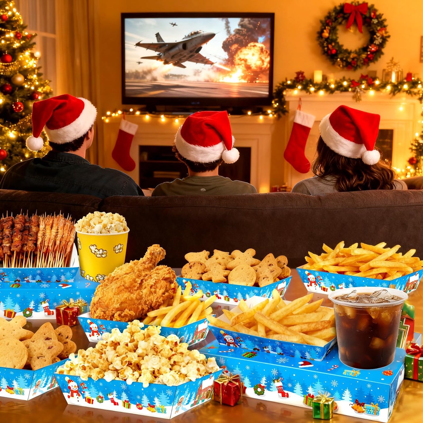 Jansun 36Pcs Christmas Movie Night Snack Trays Blue Candy Popcorn French Fries Snack Trays Christmas Movie Boxes for Snacks Tray Xmas Party Supplies