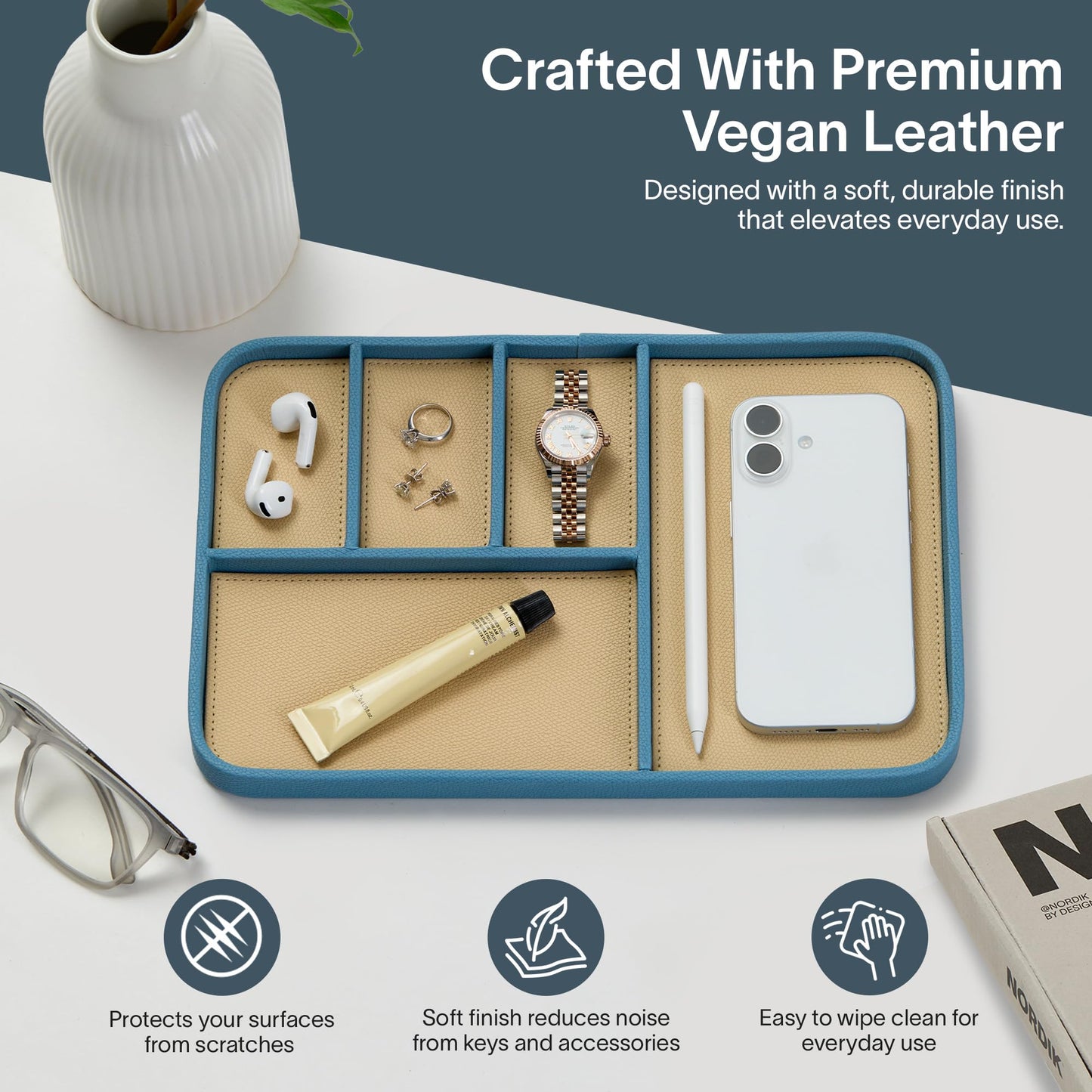 Nordik Leather Valet Tray - Nordik Blue - 11.8x7.9 Inch Large-Sized Vegan Leather Tray - Stylish Nightstand Organizer for Men - Modern Bedside Caddy - EDC Catchall for Keys Watch Wallet Jewellery