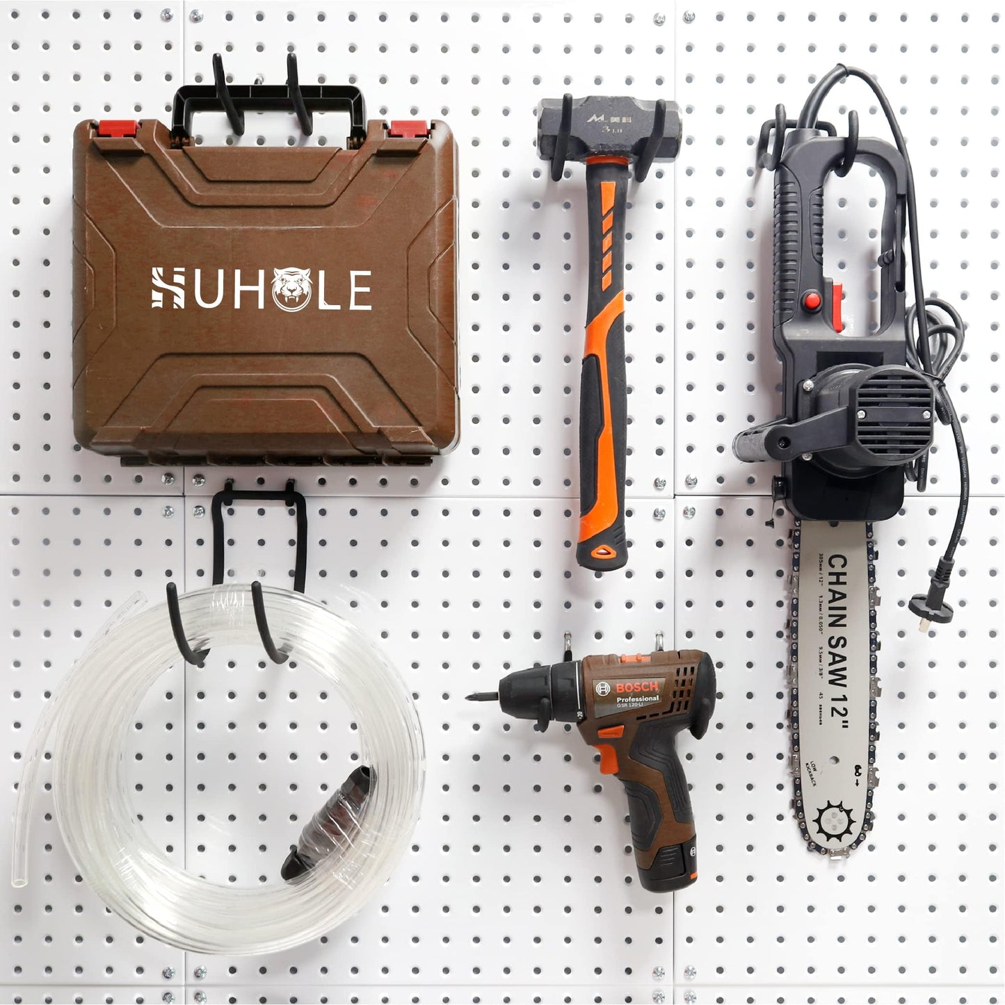 HUHOLE Pegboard Drill Holder, Peg Board Utility Hooks, 10 Pack Heavy Duty Peg Board Tool Holder for Power Tools, Drill, Hammer, Cord, Fit for 1/4" Pegboard