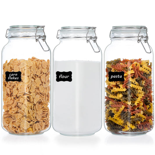 Vtopmart 78oz Glass Food Storage Jars with Airtight Clamp Lids, 3 Pack Large Kitchen Canisters for Flour, Sugar, Cereal, Coffee, Pasta and Canning, Square Mason Jars with 8 Reusable Labels