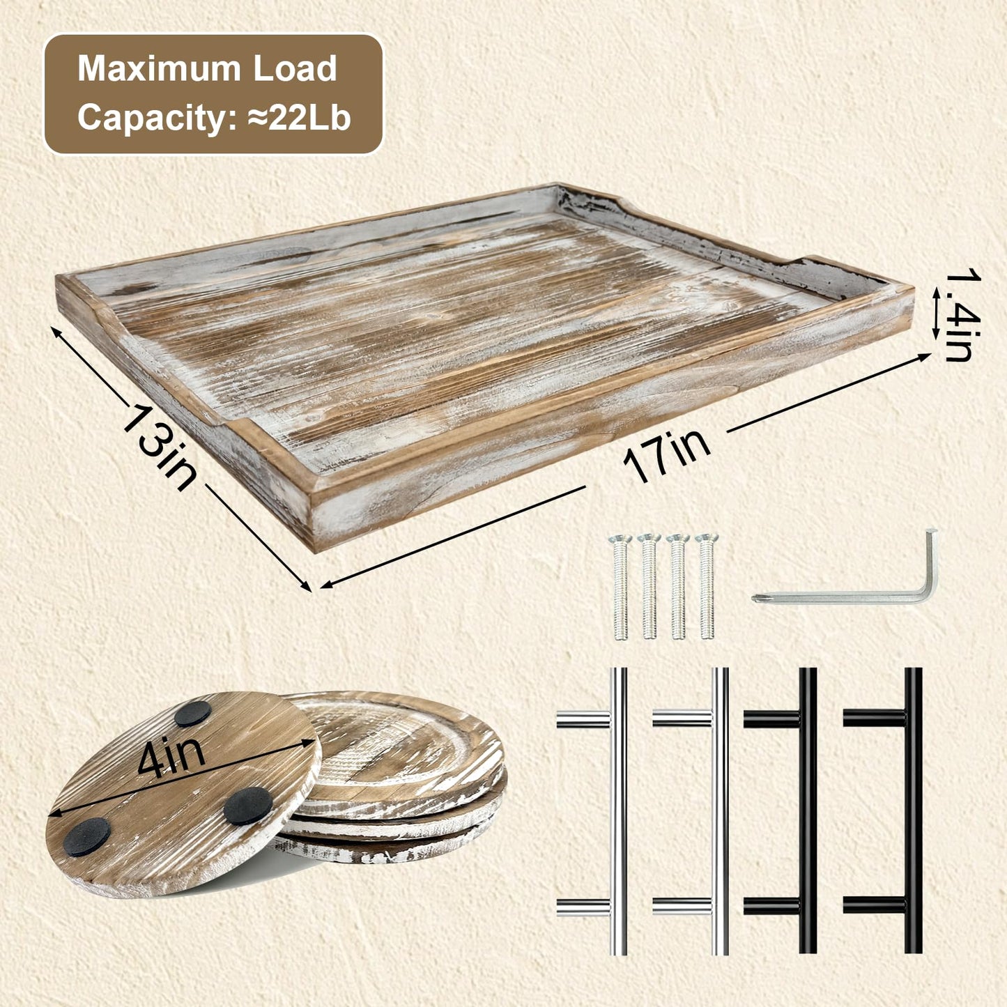 ComfyTune Wood Serving Tray with Metal Handles, 17x13in Large Wooden Tray for Ottoman, Coffee Table, Breakfast, Dinner & Bar, Decorative Tray for Living Room, Bedroom, Bathroom and Kitchen, Brown