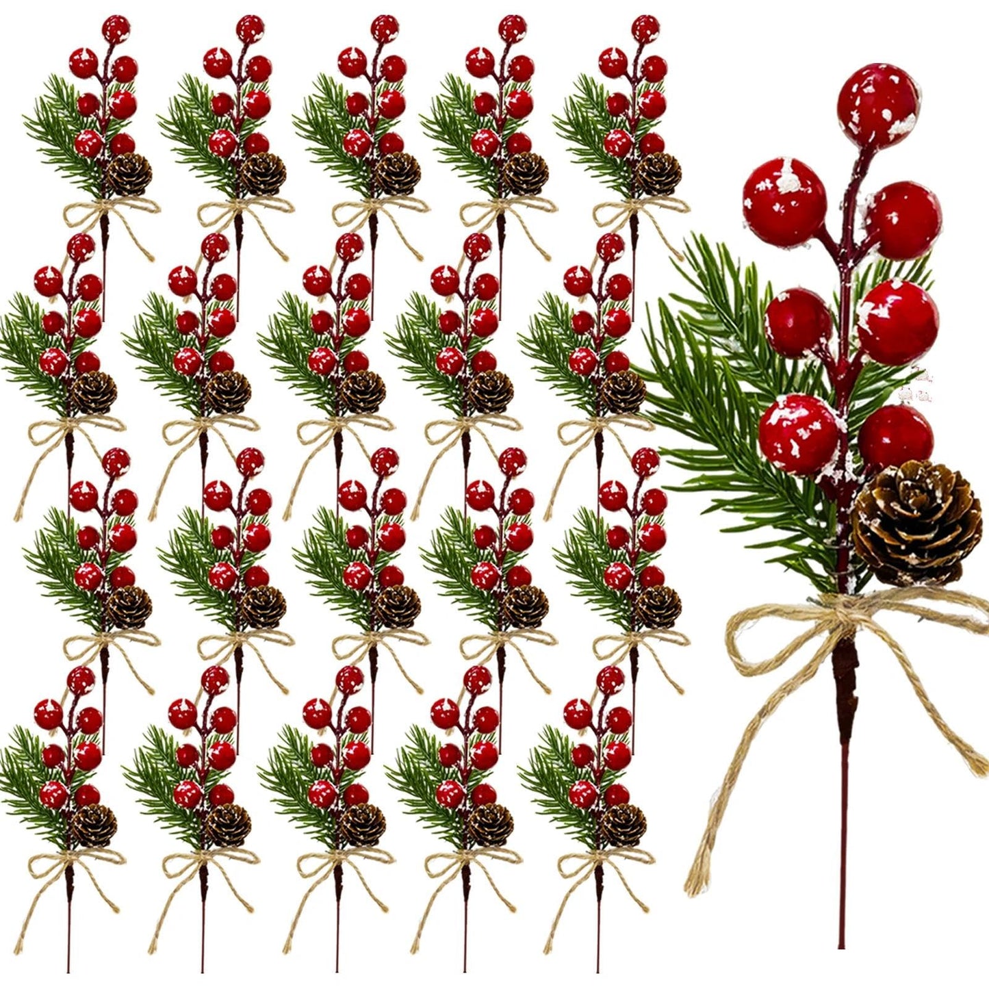 Tebiefat 20 Pcs Artificial Pine Cone Snowflake Red Berry Picks Stems, 7.1" Fake Frosted Holly Berries Needles Branches with Pinecones Christmas Sprays Floral Leaves Xmas Tree DIY Holiday Party Decor