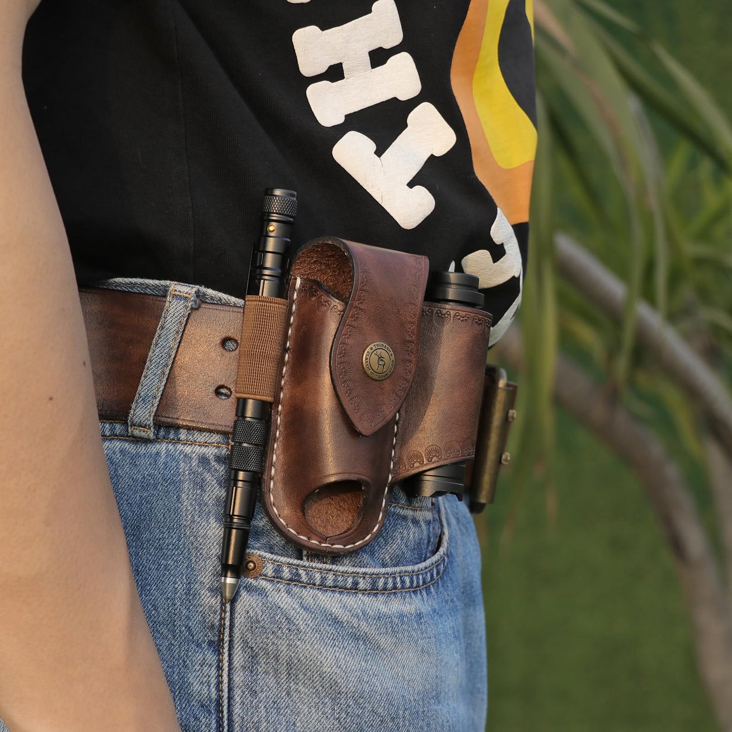 Leather EDC Belt Organizer - Handmade Multitool Sheath for Men, Tactical EDC Pouch with Flashlight Holder, Pen Holder & Belt Clip - Gifts for Men, Fits Folding Knife & Tools (Brown)