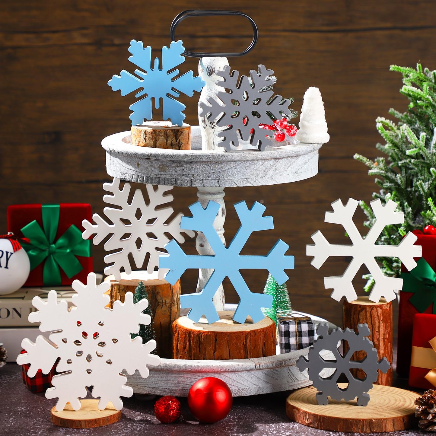 Kajaia 9 Pcs Winter Wooden Snowflake Decor Winter Wood Snowflake Block White Gray Blue Snowflakes Decorations Table Decor Christmas Standing Sign for Xmas Fireplace Mantel Home