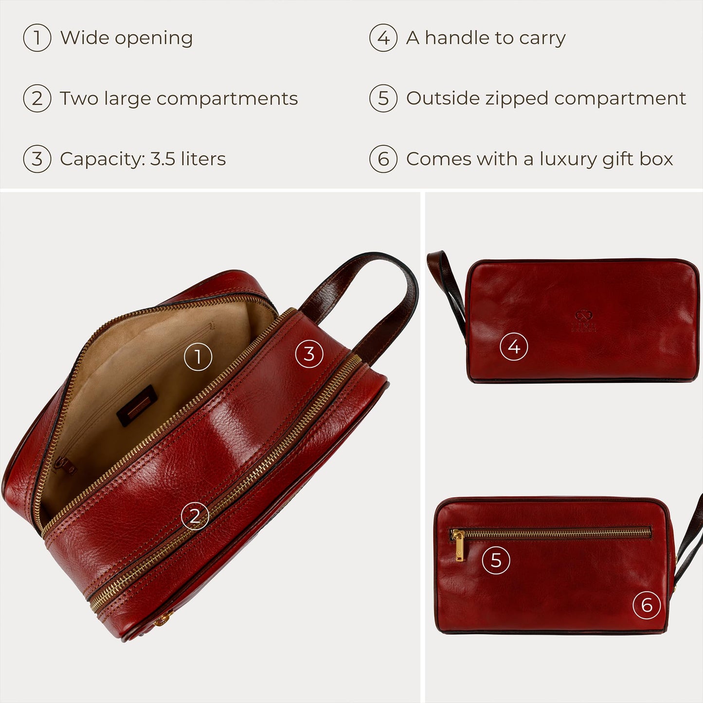 Time Resistance Leather Cosmetic Bag - Italian Toiletry Dopp Kit (Red)
