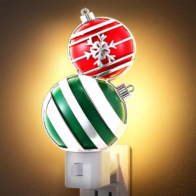 Christmas Red and Green Ball Night Light Plug-in, Glitter Ball Decor 120V C7 LED Nightlight for Bedroom, Bathroom, Kitchen, Hallway, Stairs