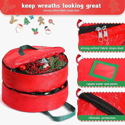 Double Layer Christmas Wreath Storage Container Bag Wreath Storage Pure Color Seasonal Garland Holiday Container Festive Box with Dual Zippers and Handles for Xmas(30 Inch,Red)
