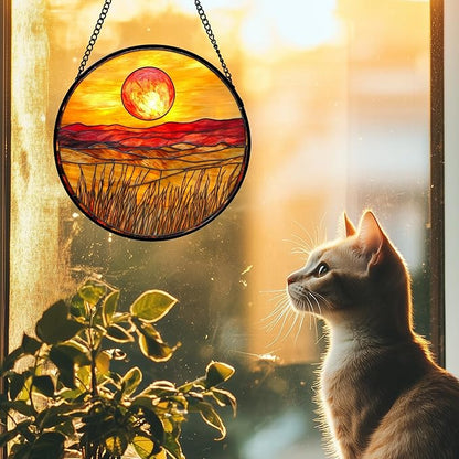 Stained Glass Window Hanging 4 Pcs Set Desert Sunset Theme Landscape 7.8" - Suncatcher Door Garden Sun Catcher Decor Birthday Christmas for Mom Woman Nana Men