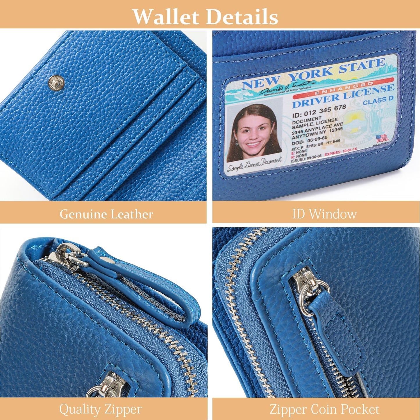 DELIRSTYIN Genuine Wallet Women RFID Blocking Card Holder, Small Leather Womens Wallet with Zipper ID Window Coin Pocket