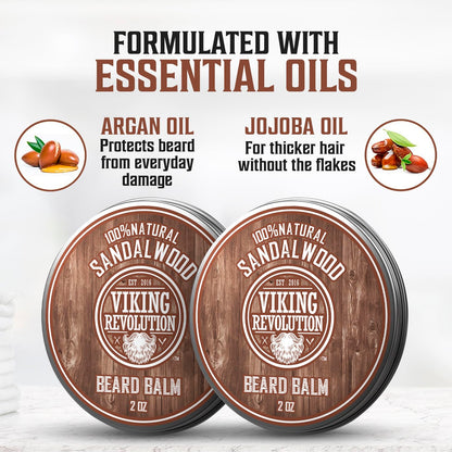Viking Revolution Sandalwood Beard Balm for Men (2oz) and Sandalwood Beard Oil (1 fl oz) Bundle - With Argan and Jojoba Oils - Soften and Moisturize - Stocking Stuffers for Men