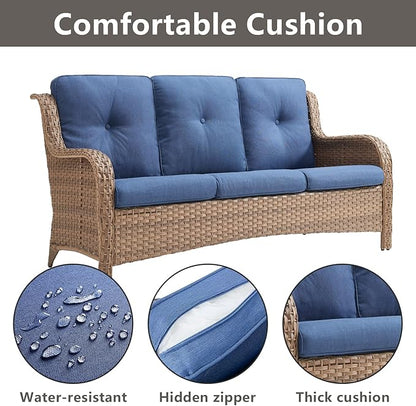 Patio Furniture Swivel Chairs Set - 8 Piece Wicker Rattan Outdoor Sectional Conversation Sets with 4 Swivel Rocking Chairs,2 Ottomans,1 Sofa and 1 Coffee Table for Porch Deck Garden(Yellow/Blue)