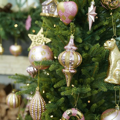 SHareconn 145pcs Christmas Balls Ornaments Set, Shatterproof Plastic Baubles Snowflakes, Stars and Tree Topper for Xmas Tree Holiday Wedding Party Decorations with Hanging Strings, Gold and Pink