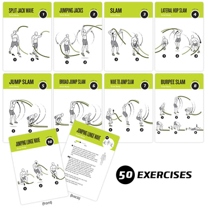 Battle Rope Exercise Cards for Home Workouts, Set of 62 - with Guided Strength Training Workout Cards Deck for Home or Gym, Illustrated Fitness Cards with 50 Exercises, Durable & Waterproof