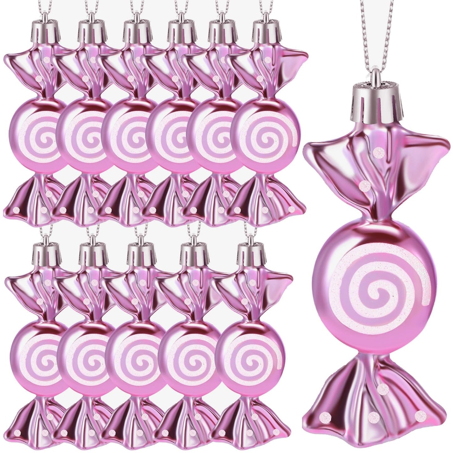 Threan 12 Pcs Christmas Candy Ornaments for Tree Decoration Hanging Glitter Candy Cane Christmas Peppermint Ornament with Golden Rope for Xmas Holiday Decoration(Pink,Plastic)