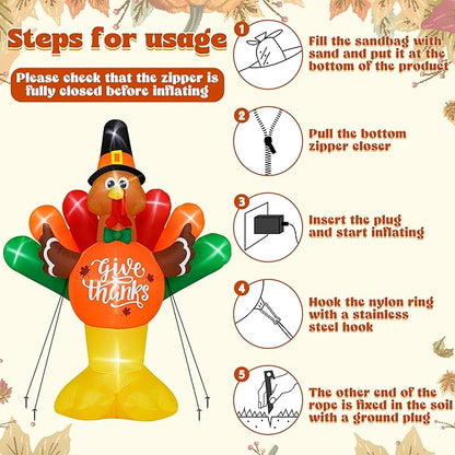 14FT Thanksgiving Inflatables Turkey, Giant Blow Up Turkey with Colorful Tail, Lighted Thanksgiving Outdoor Decorations Give Thanks Turkey Pumpkin for Fall Autumn Harvest Holiday Yard Decor