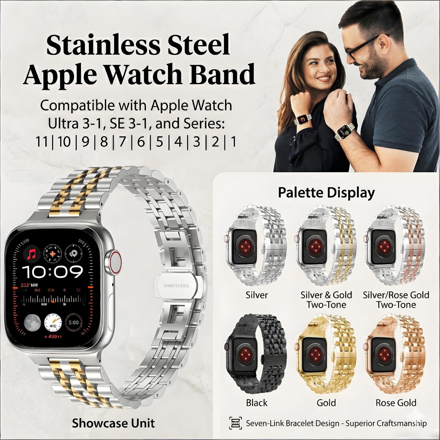 PUGO TOP Luxury Stainless Steel Band Compatible with Apple Watch Ultra 3/2/1 (49mm) & Series 11 10 9 8-1 SE 3/2/1 (46/45/44/42/41/40/38mm), Professional Business Dressy Metal Strap with Butterfly Clasp for Men Women, Adjustable Link Two-Tone Bracelet with