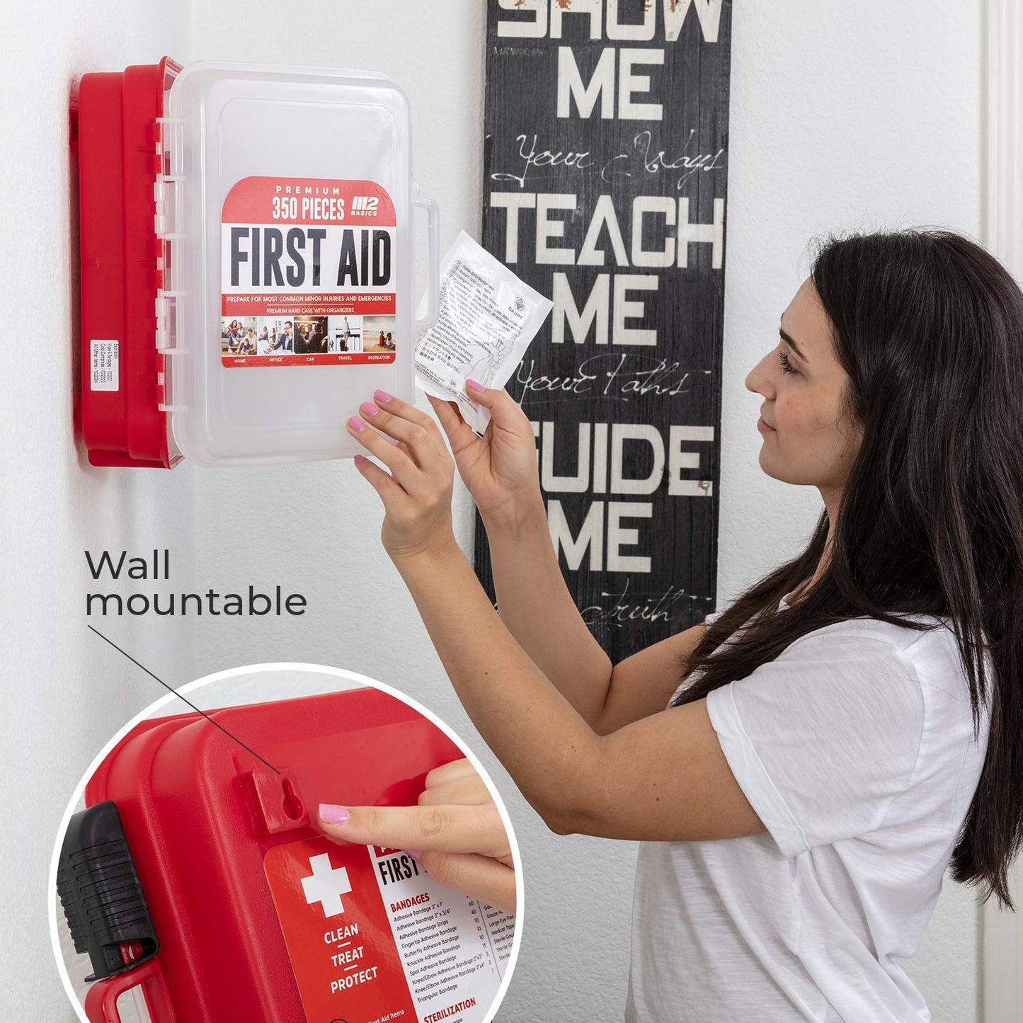 M2 BASICS Professional 350 Piece First Aid Kit | Business, Home, Car | Hard Case, Dual Layer, Wall Mountable | Emergency Kit, Emergency Medical Kit