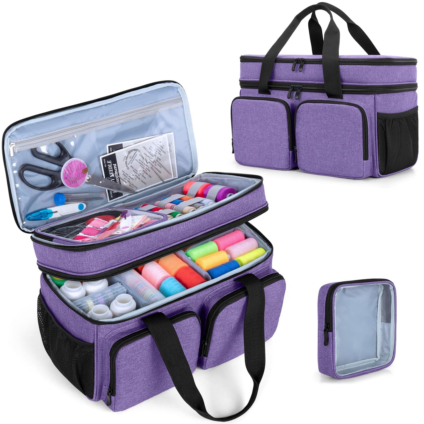 BAFASO Large Sewing Organizer Bag with an Individual Pouch and Detachable Dividers, 2 Layers Sewing Storage Bag for Sewing Supplies(Bag Only), Purple