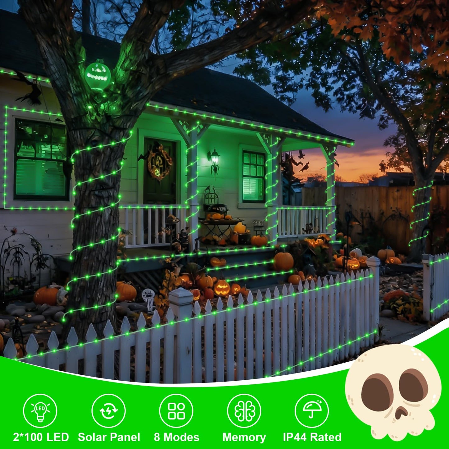 QITONG 2 Pack Green Solar Rope Lights, Each 33ft 100 LED String Lights Outdoor, 8 Modes Fairy Lights in Clear PVC Tube