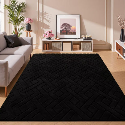 Flagover 3x5 Black Washable Area Rug for Bedroom, Modern Geometric Shag Non-Slip Living Room Rugs, Fluffy Plush Soft Memory Foam Carpet for Kids Boys Room Nursery Room Dorm Bedside Decor