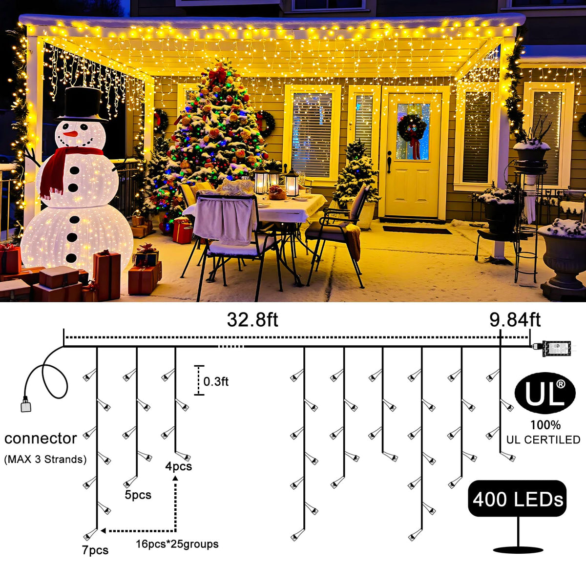 Einiiya Icicle Lights for Outside 33ft 400 LED Icicle Christmas Lights Outdoor 8 Modes with 75 Drops, Plug in Christmas Light for House Party Holiday Fence Xmas Outside Indoor Decorations, Warm White
