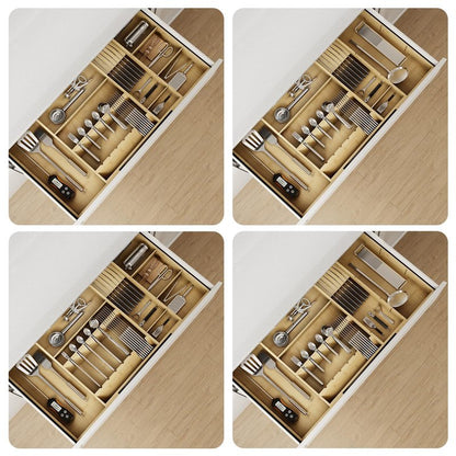 Landmok Bamboo Silverware Drawer Organizer, 17.72-29.53 Inch Expandable Large Kitchen Drawer Organizer, 5-8 Slot Flatware with Removable Card Slots & Knife Block for Spoon Butter Knive, Natural