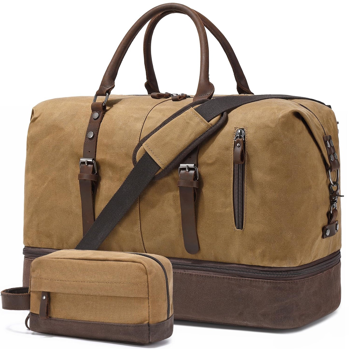 FENGDONG Weekender Bag Large Overnight Bag for Men Women Tote with Shoe Compartment Canvas Carry on Luggage Bag Travel Duffel Bag Brown