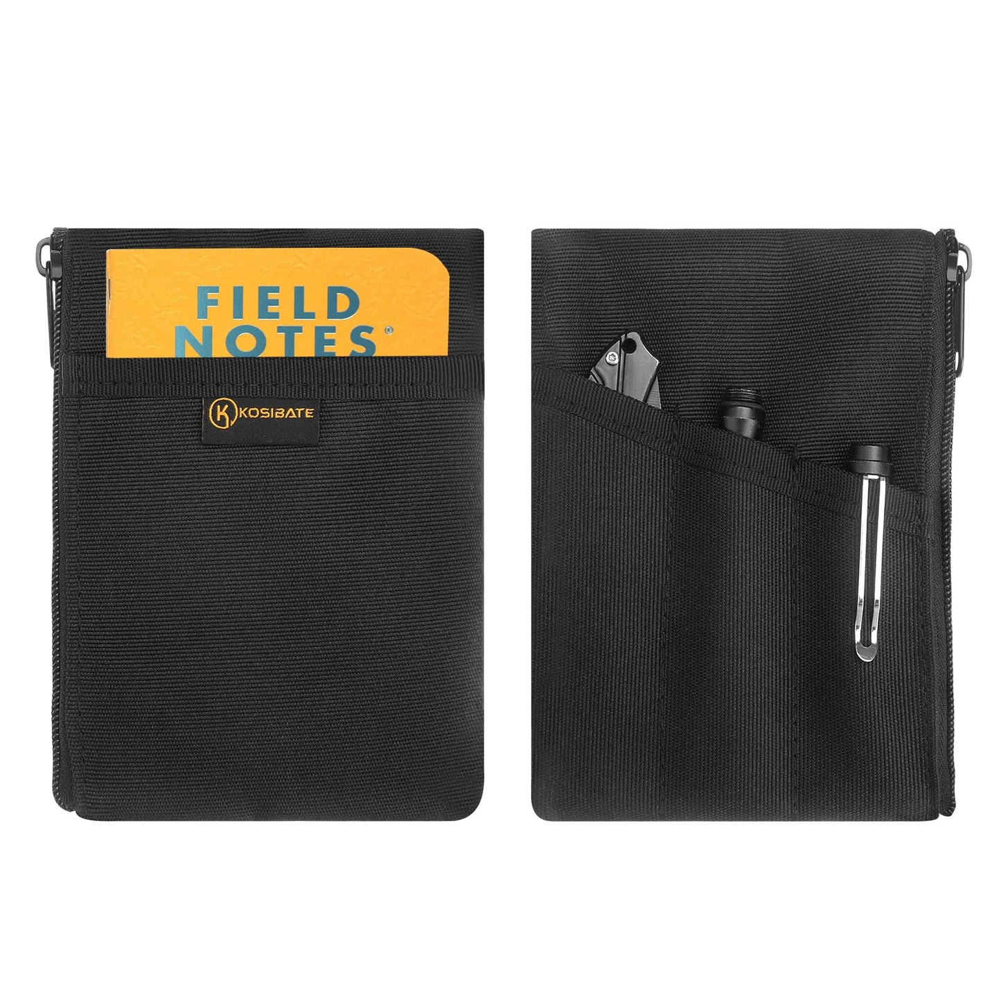 Kosibate EDC Pouch with Notebook Slot, EDC Organizer for Knife, Flashlight, Passport, Pen, Card - Men's Slim Pocket Organizer for Daily Carry, Fits 3.5 x 5.5 Inch Notebook (Black)
