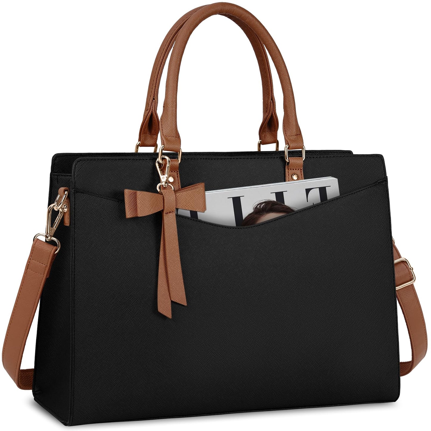 RAINSMORE Laptop Bag for Women 15.6 Inch PU Leather Laptop Tote Bag Professional Business Office Briefcase Waterproof Work Bag Computer Tote Bag Large Lightweight Handbag Shoulder Bag