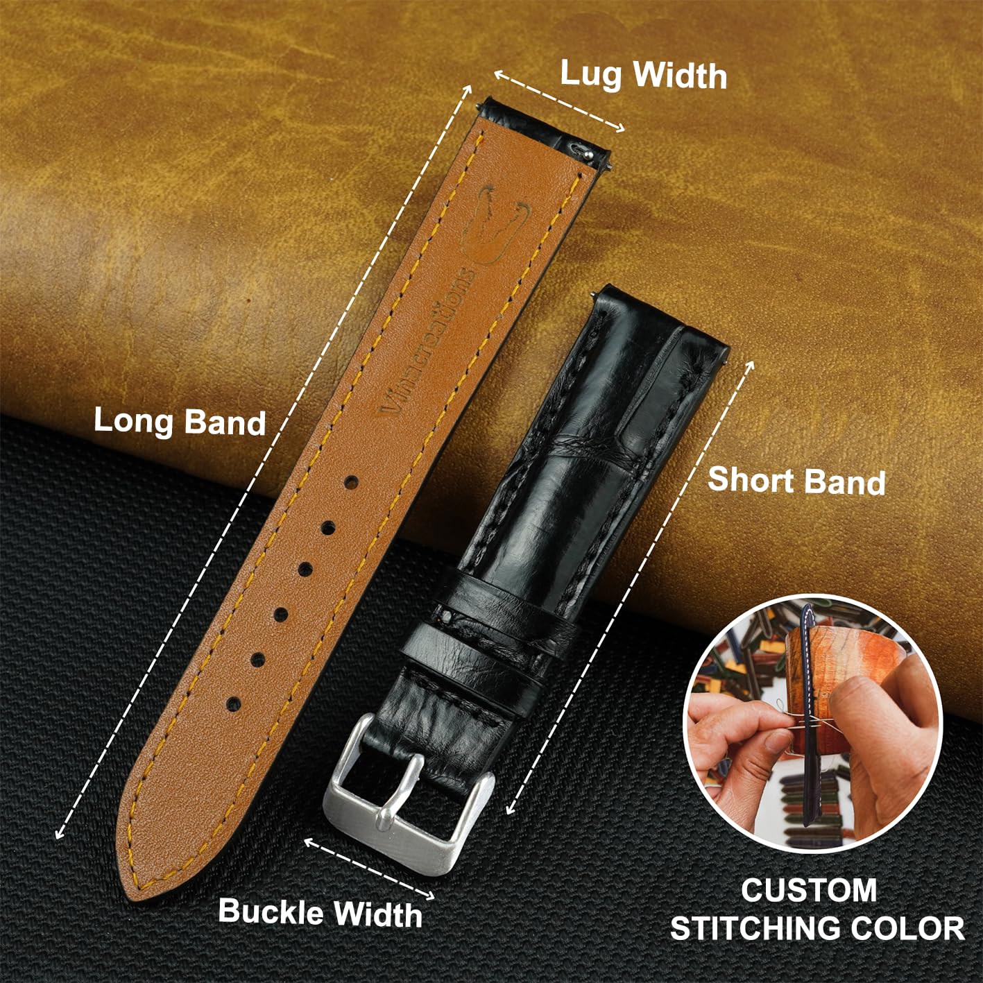 vinacreations Bespoke AIIigator Watch Band Handmade Personalized Leather Watch Strap Engraved Name Gifts for Men Father's Day Custom Lug Width 14mm 16mm 17mm 18mm 19mm 20mm 21mm 22mm 24mm