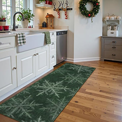 Lahome Snowflake Christmas Runner Rug, 2x6 Christmas Rug Runners for Hallways Soft Non Slip Kitchen Washable Runner Holiday Decor Ultra-Thin Carpet Runner for Bedroom Laundry(2x6ft,Green)