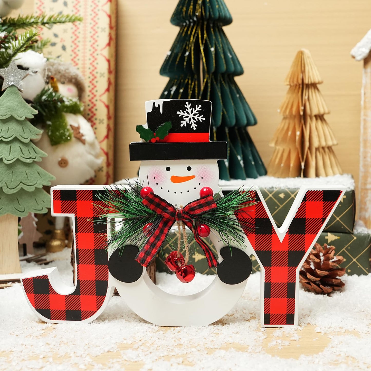 Christmas Table Decorations Wooden Joy Table Centerpieces Snowman Table Sign Standing Tabletop Merry Christmas Decoration for Holiday Office Desk Tiered Tray Party Shelf Decorations Farmhouse Winter