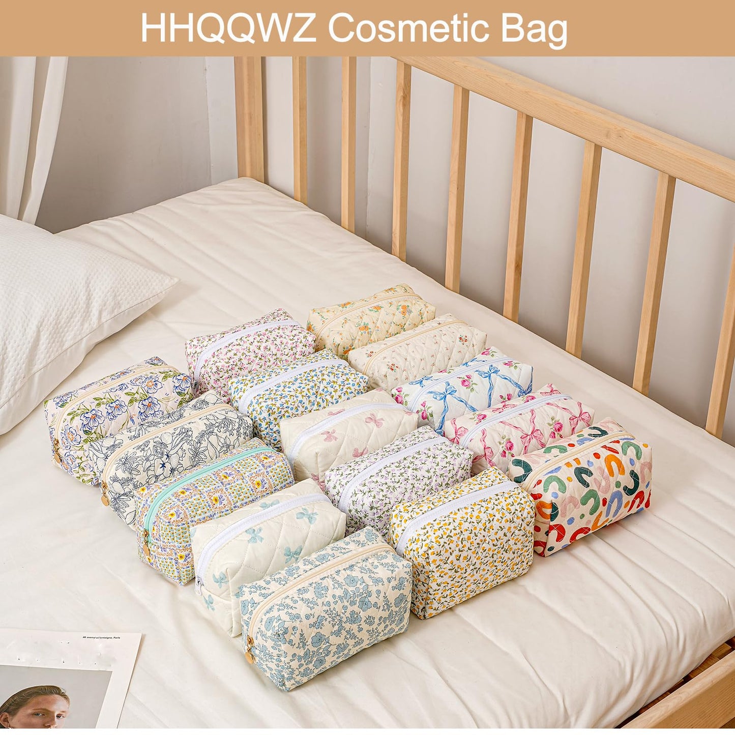 HHQQWZ Makeup Travel Cosmetic Bag, Two Pack: Pink+Blue Floral, Zipper Closure, Durable Polyester, Perfect for Toiletry, Makeup, Travel